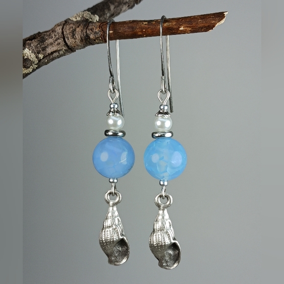 HAND CRAFTED Coastal Shell Earrings Blue Agate Pearl Silver Boho Beach Gift - Picture 4 of 6
